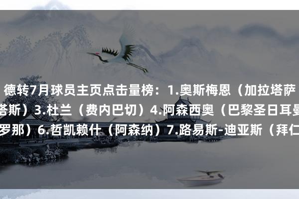 德转7月球员主页点击量榜：1.奥斯梅恩（加拉塔萨雷）2.柯克屈（贝西克塔斯）3.杜兰（费内巴切）4.阿森西奥（巴黎圣日耳曼）5.拉什福德（巴塞罗那）6.哲凯赖什（阿森纳）7.路易斯-迪亚斯（拜仁慕尼黑）8.塞梅多（费内巴切）9.梅西（迈阿密海外）10.C罗（利雅得胜利）体育赛事直播