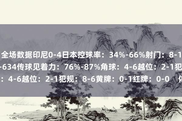 全场数据印尼0-4日本控球率：34%-66%射门：8-12射正：3-7传球：317-634传球见着力：76%-87%角球：4-6越位：2-1犯规：8-6黄牌：0-1红牌：0-0    体育集锦