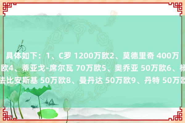 具体如下：1、C罗 1200万欧2、莫德里奇 400万欧3、阿尔比奥尔 100万欧4、蒂亚戈-席尔瓦 70万欧5、奥乔亚 50万欧6、杨 50万欧7、法比安斯基 50万欧8、曼丹达 50万欧9、丹特 50万欧10、费尔南德尼奥 25万欧    体育集锦